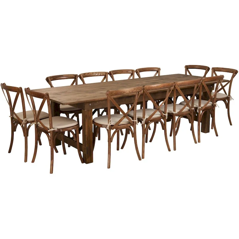 9' x 40 Rustic Folding Farm Table Set with 12 Cross Back Chairs and Cushions