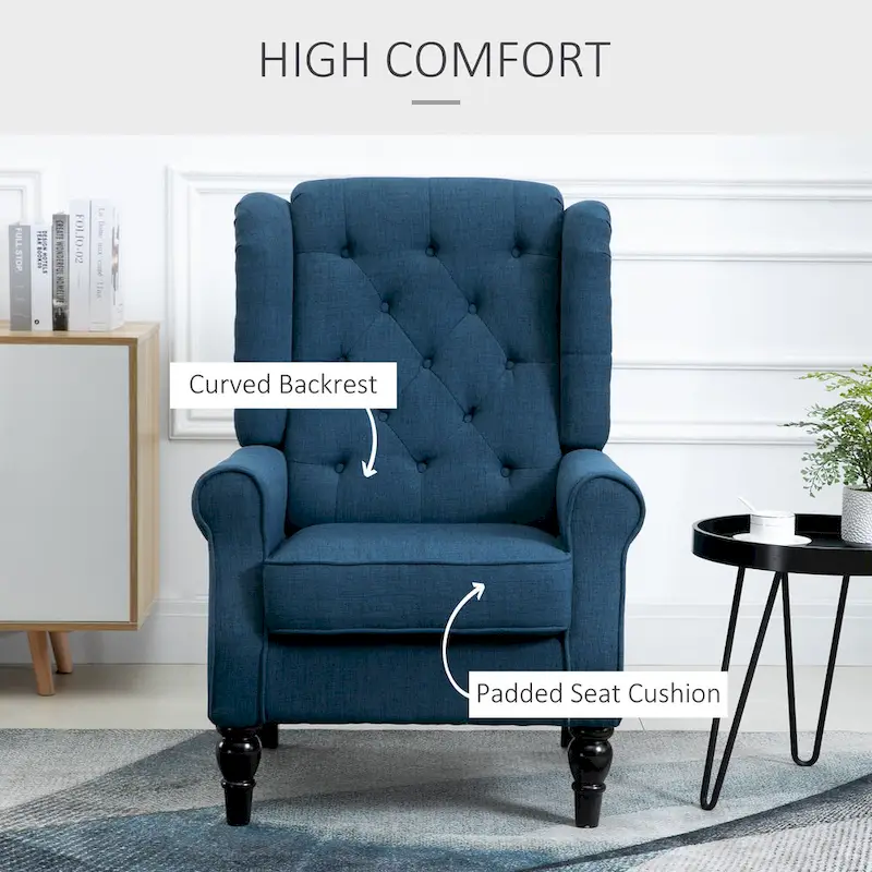 Button-Tufted Accent Chair with High Wingback, Rounded Cushioned Armrests and Thick Padded Seat, Blue
