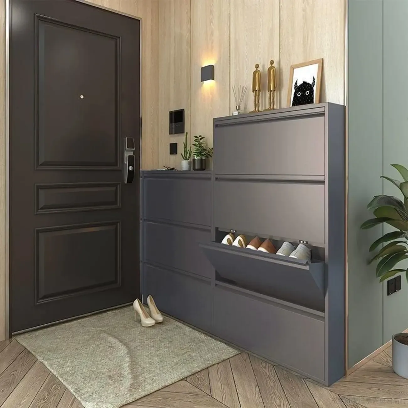 Grey Metal Entryway Wall Mounted Shoe Storage Cabinet