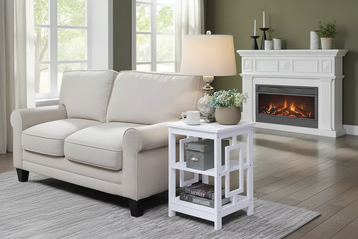 White Square Wood Side Table for Small Spaces, 1 Person Use