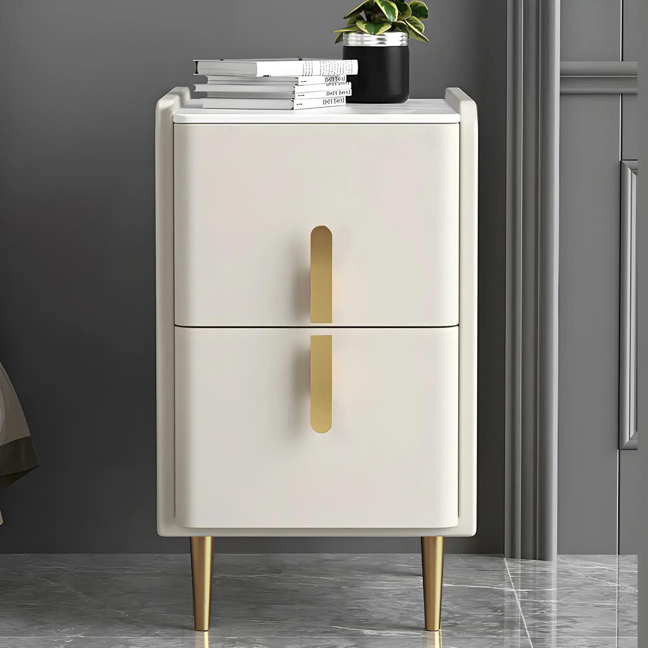 Glam Night Table with 2 Drawers – Off-White Finish