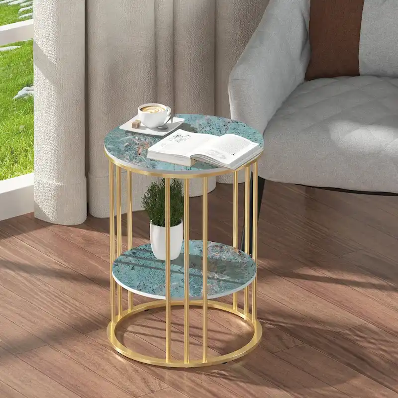 2 Tier Round Sintered Stone End Table Sofa Side Table with Golden Frame