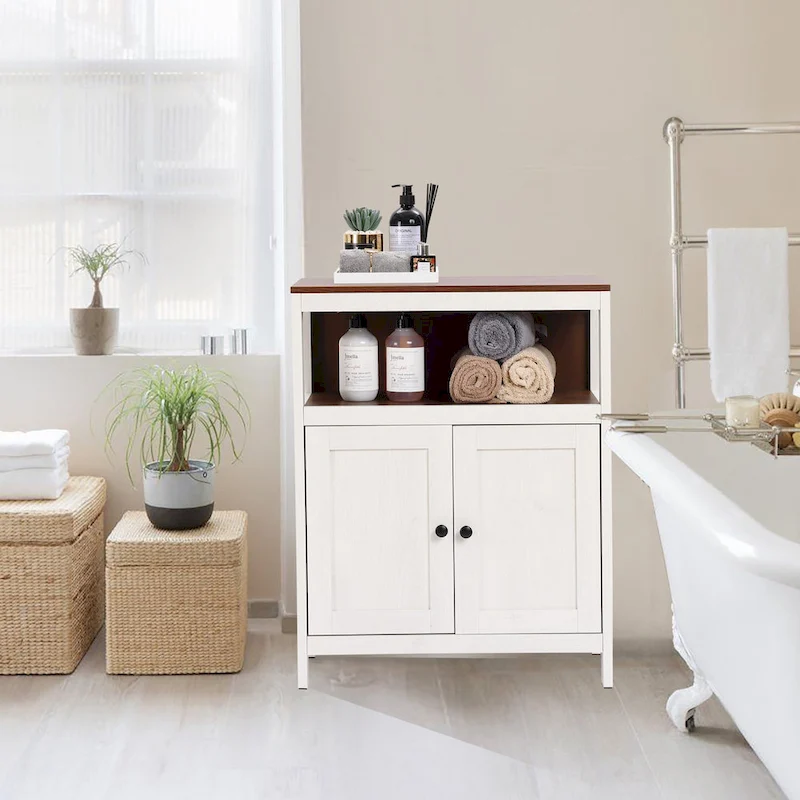 White and Brown Wood 2-Door Bathroom Storage Cabinet - 30.25 H x 23.63 W x 12.4 D