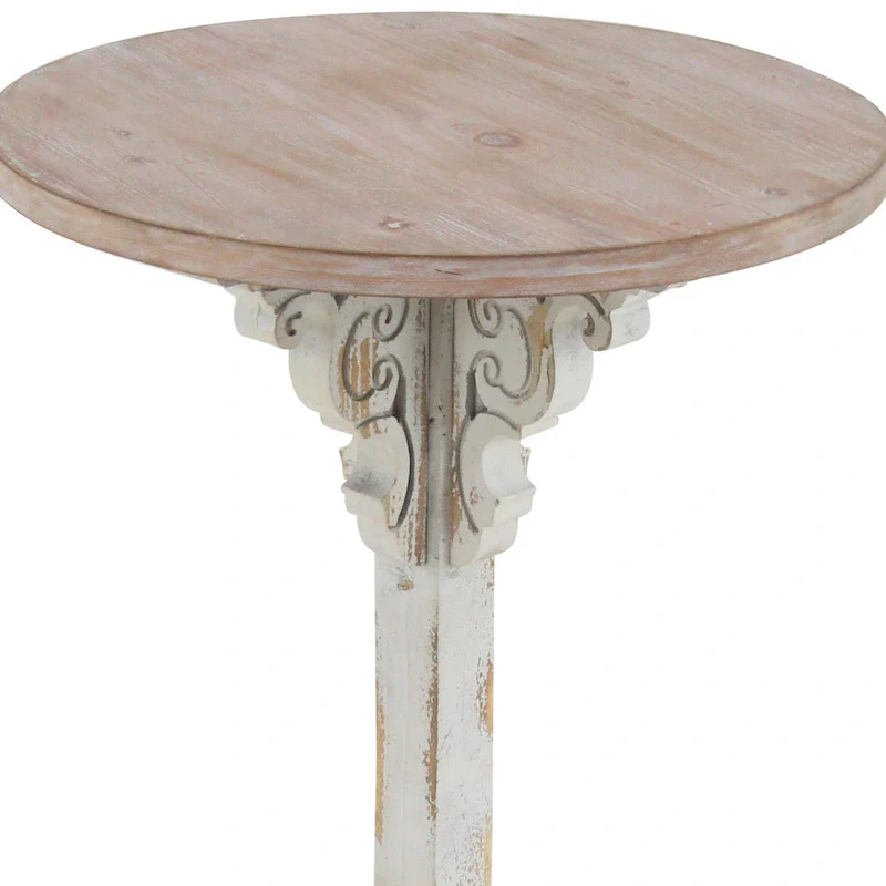 Wood Scroll Intricately Carved Accent End Table, Rustic Brown Gray Cream Side Table