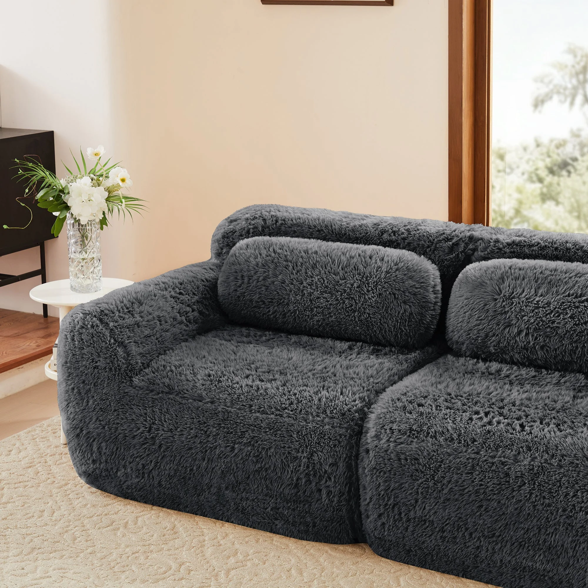 Soft Teddy Plush Ergonomic Design L-shaped Loveseat Sofa with Ottoman