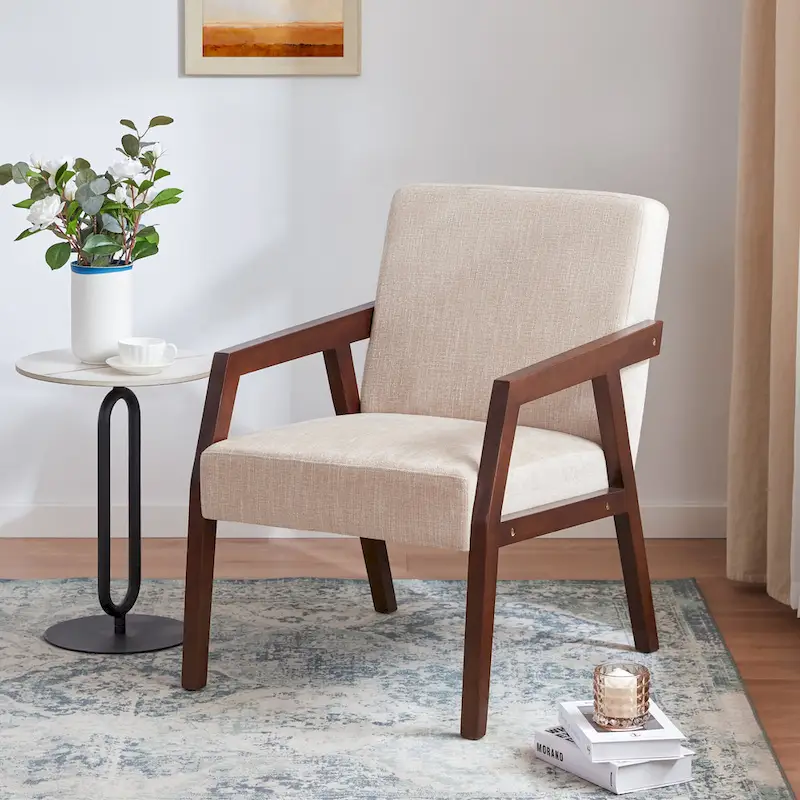Mid-Century Modern Upholstered Accent Armchair with Solid Wood Legs, Living Room Bedroom Chair