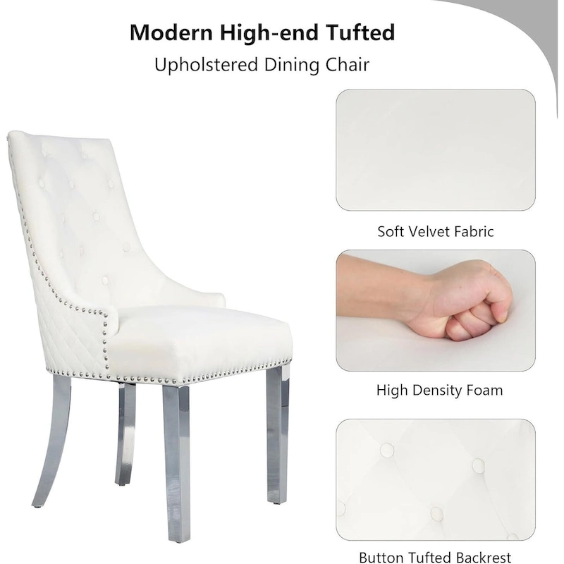 Velvet Dining Chairs Set of 2, Upholstered Tufted Nailhead Dining Room Chairs with Stainless Steel Legs & Lion Head Pull Ring