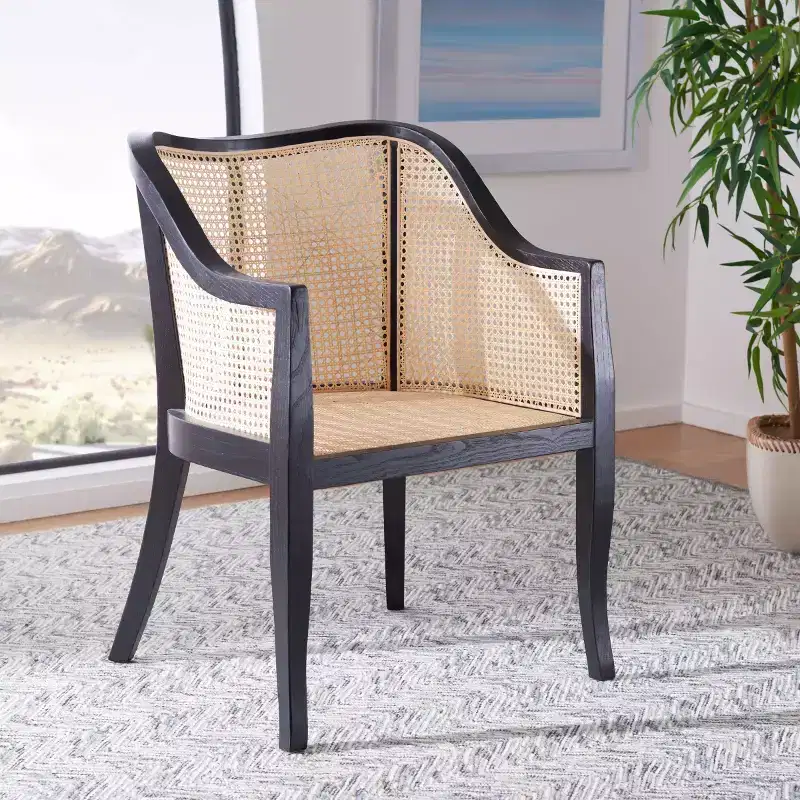 Cane Dining Arm Chair – Elm Wood Frame, Curved Back, White, 275 lb Capacity