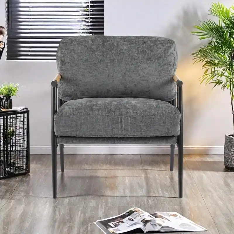 Polyester Accent Chair with Metal Frame & Wooden Armrests