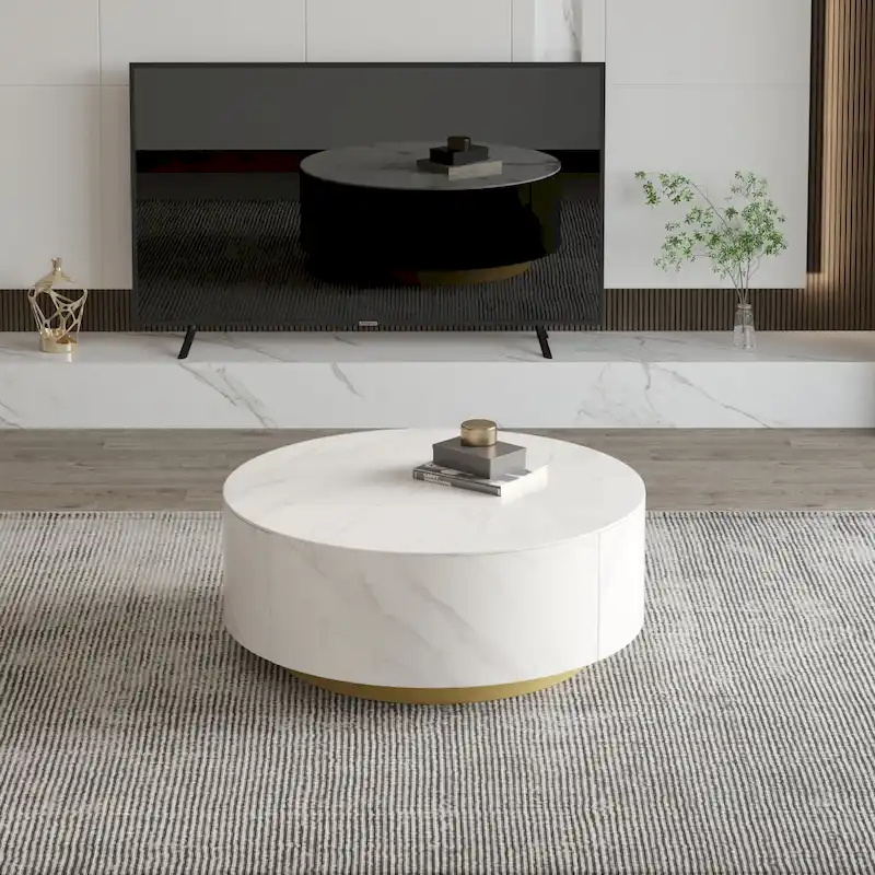 Faux Marble Top Round Modern Coffee Table with 2 Drawers