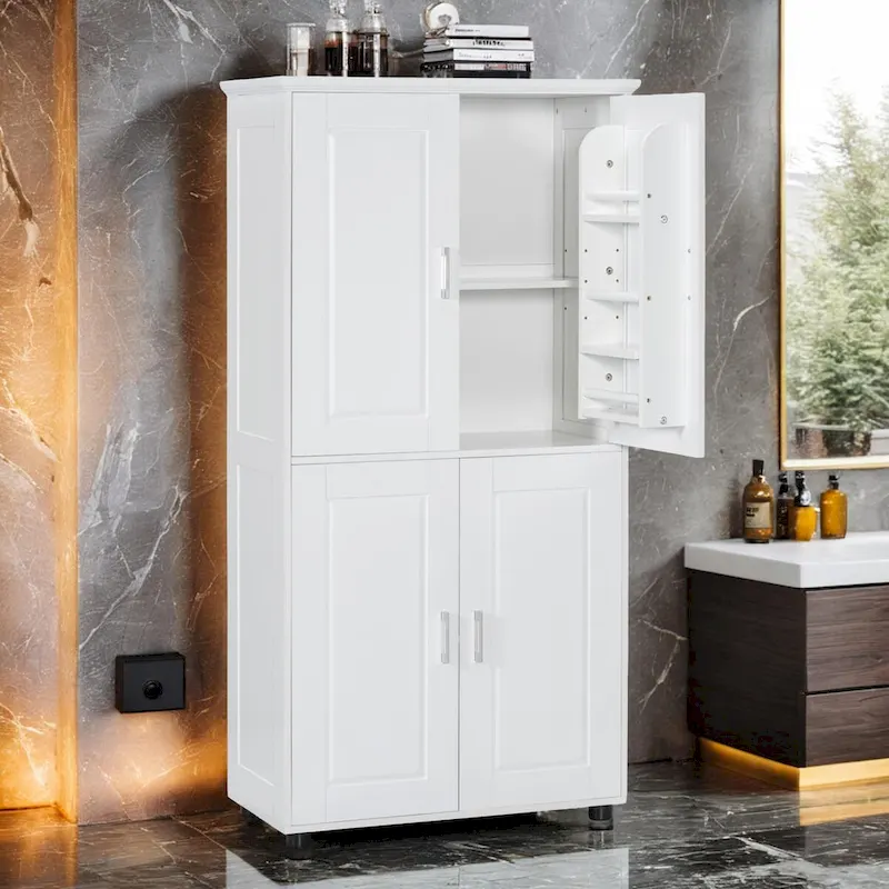 White & Wood Finish Tall Bathroom Floor Storage Cabinet, 4-Door