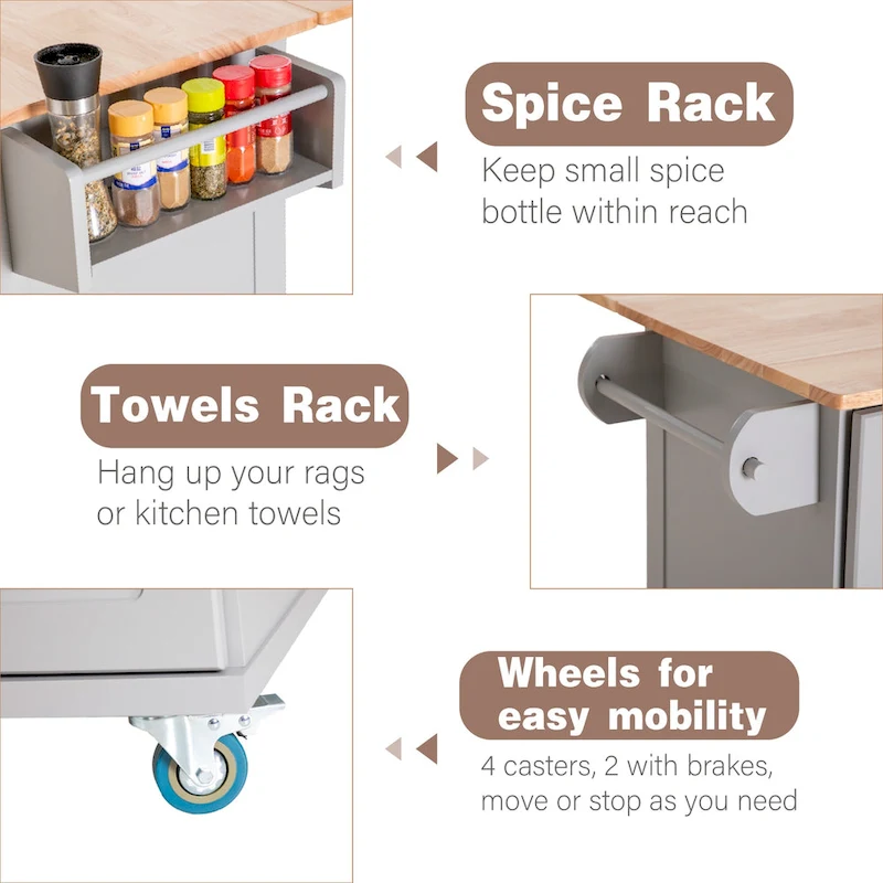 Kitchen Island Cart with Drop-Leaf and Rubber Wood Top, Rolling Kitchen Trolley Cart Cabinet