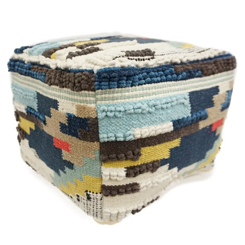Wool Cotton Cube Pouf Ottoman, Handcrafted Footrest Accent Seat for Living Room