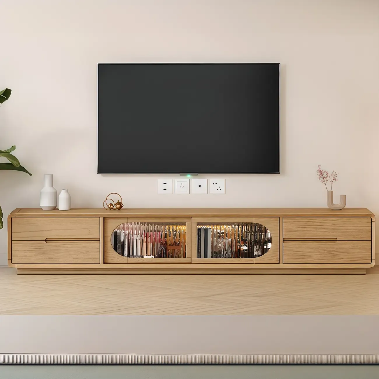 Natural Wooden 4-Drawer Long TV Stand with Glass Doors