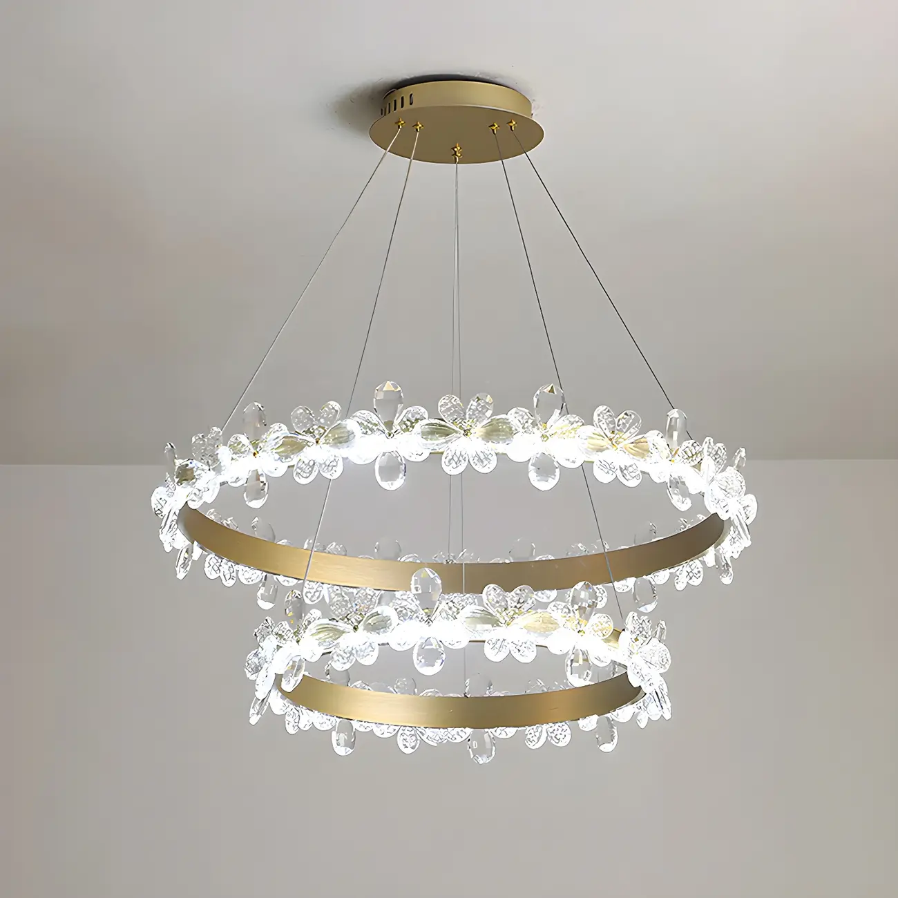 Modern Gold Dimmable LED Flower Crystal Ring Chandelier