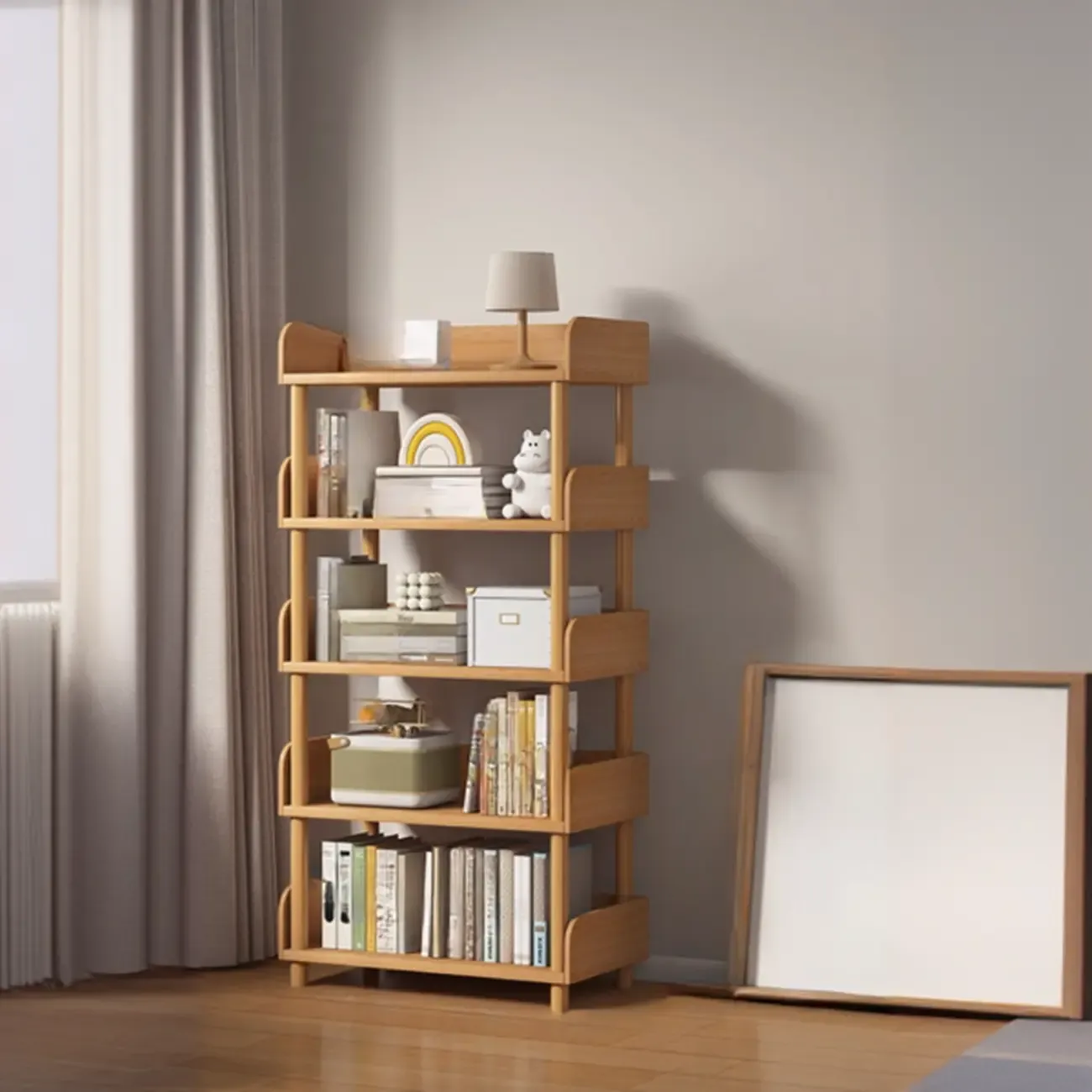 Vertical Natural Multi-Shelf Open Back Wood Bookcase