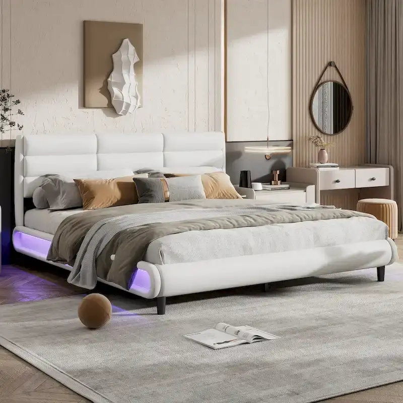 King Size Upholstered Platform Bed with LED Light Strips,Beige