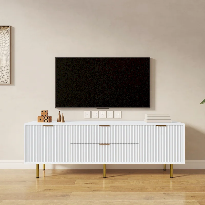 Modern Warm White TV Stand with 2 Storage Cabinets and 2 Soft Close Drawers for Apartments and Living Rooms
