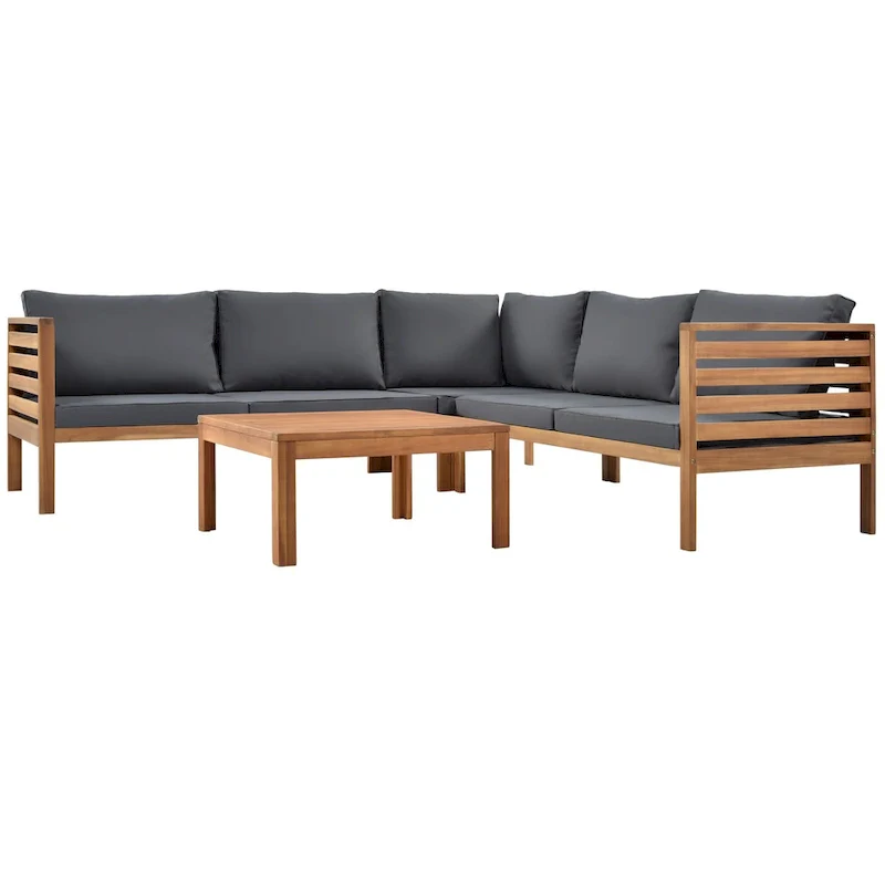 4-Piece Acacia Wood L-Shaped Sectional Sofa Set with Table