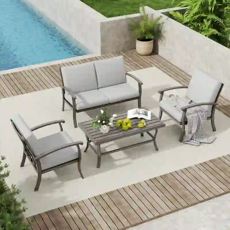 4-Person Aluminum Patio Conversation Set with Coffee Table, Loveseat and Light Gray Cushions