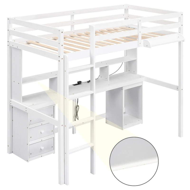 Twin/Full Size Loft Bed with Multi-storage Desk, LED light and Bedside Tray, Charging Station, White