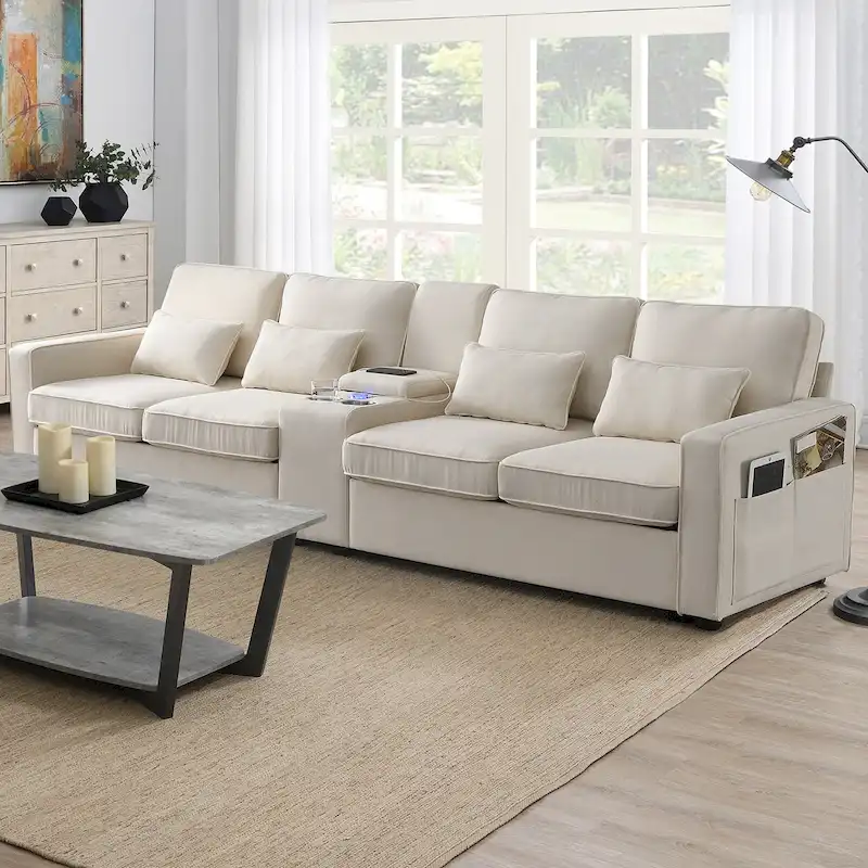 Upholstered Sofa with Console, 2 Cupholders and 2 USB Ports Wired or Wirelessly Charged