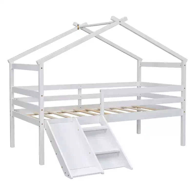 Whisen 81.7L x 67.6W Twin Low Loft House Bed with Slide, Ladder, Safety Guardrails, House Roof Frame