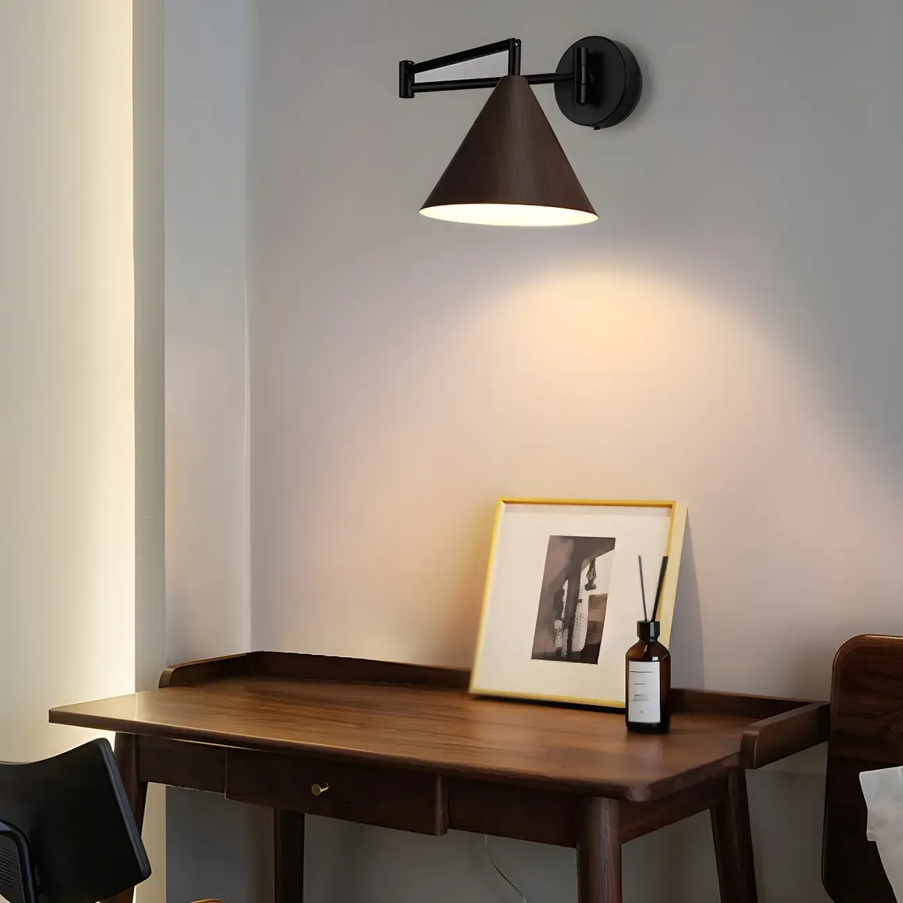 Black Metal Swing Arm Wall Light with Wood Shade