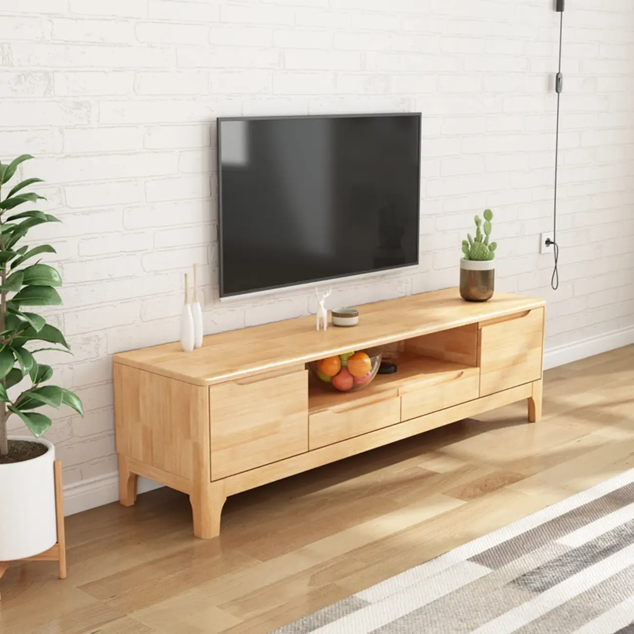 Durable Natural Wooden TV Stand with Cable Management