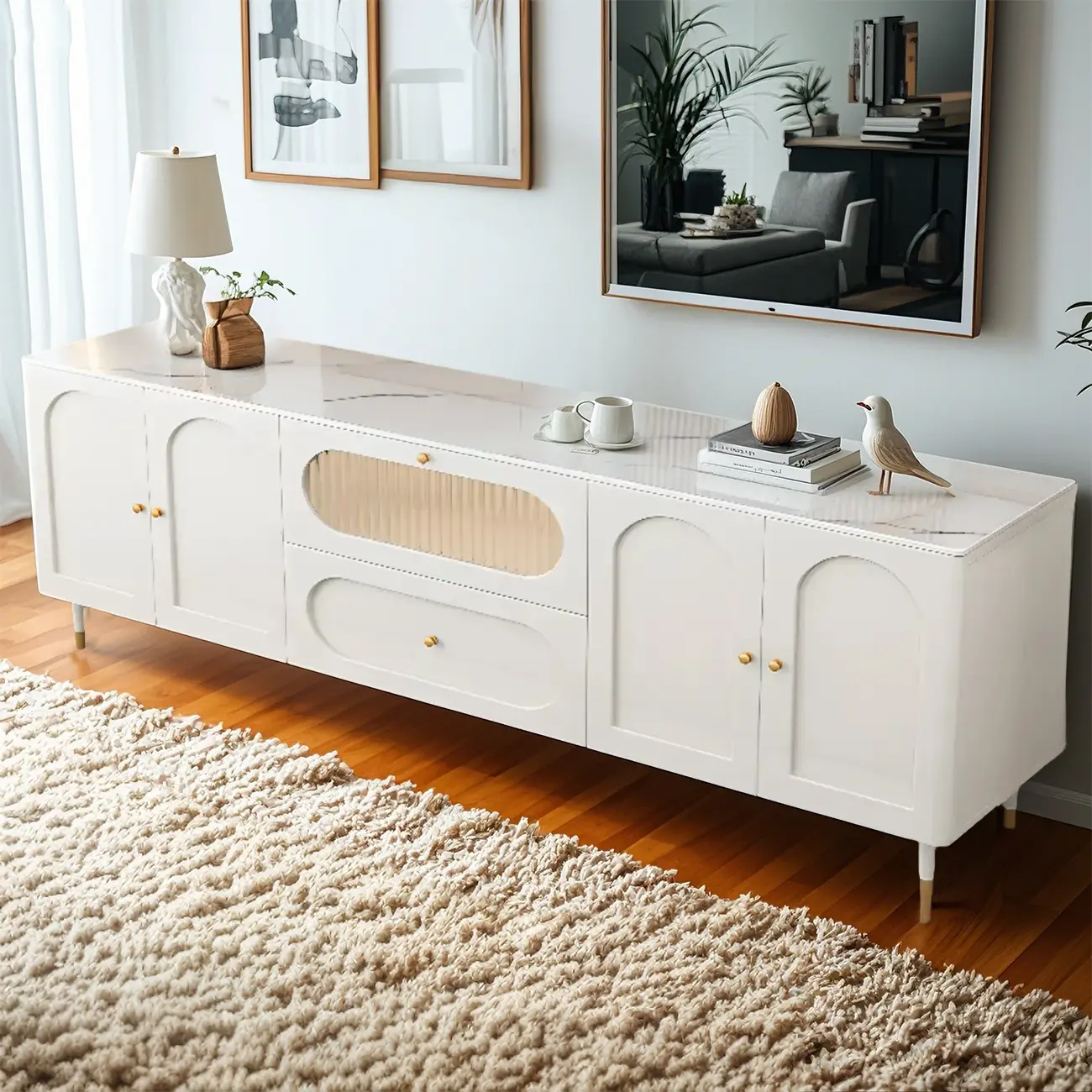 63 Elegant Stone White TV Stand with Adjustable Shelves