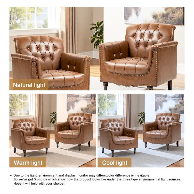 Tufted Vegan Leather Accent Chairs Set of 2, Armchair with Nailhead Trim