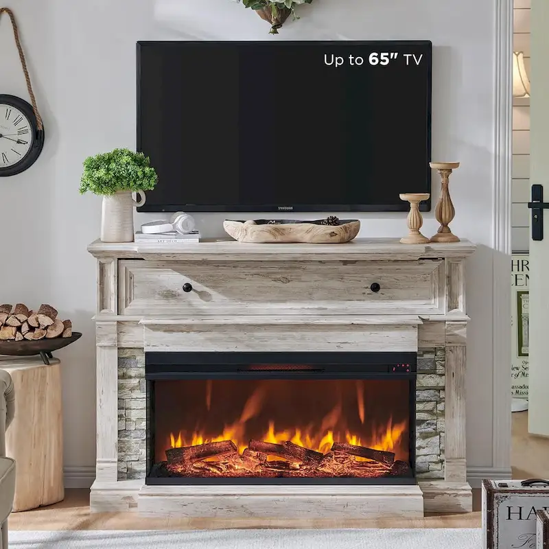 Farmhouse TV Stand With 3-Sided Glass Fireplace, Entertainment Center