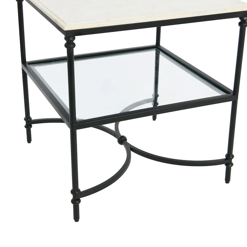 Square Marble Top End Table, Gold/Black & White, Iron Legs, Glass Shelf