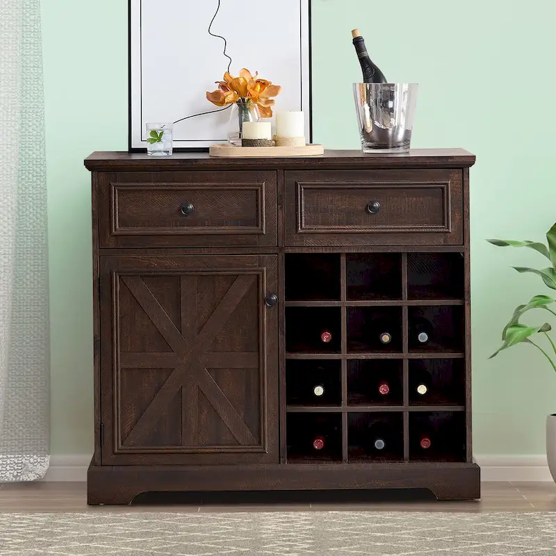 Classic Farmhouse Style Wooden Sideboard with Removable Wine Racks