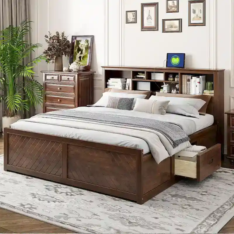 King Solid Wood Bed with Storage Headboard, 2 Drawers & USB Ports