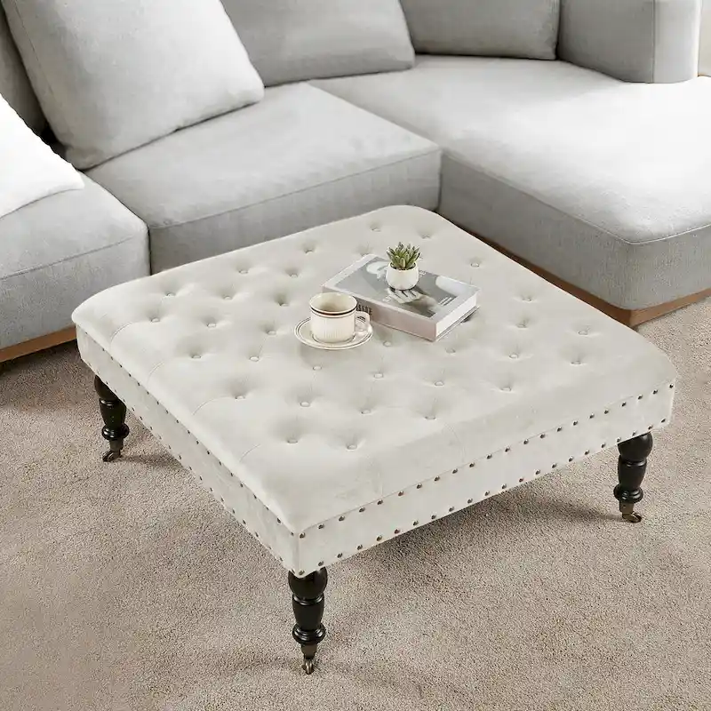Button-Tufted Round Ottoman – 33 x 33 x 18 Inch