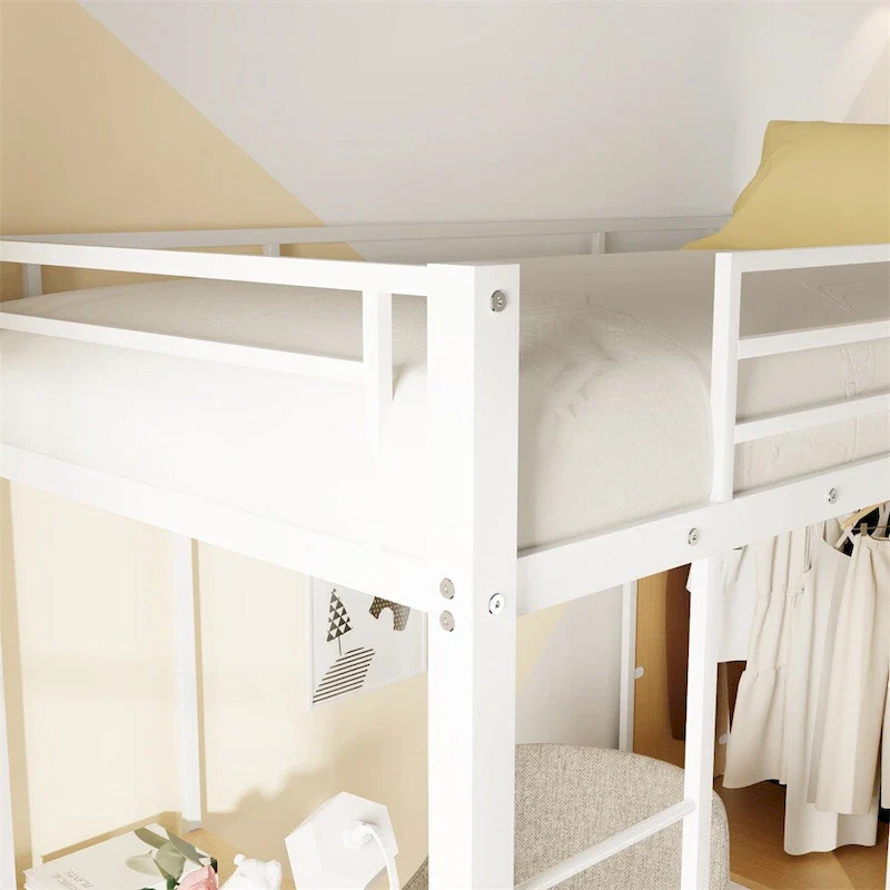 Twin Size Metal Loft Bed with Built-in Wardrobe,Desk and Shelves