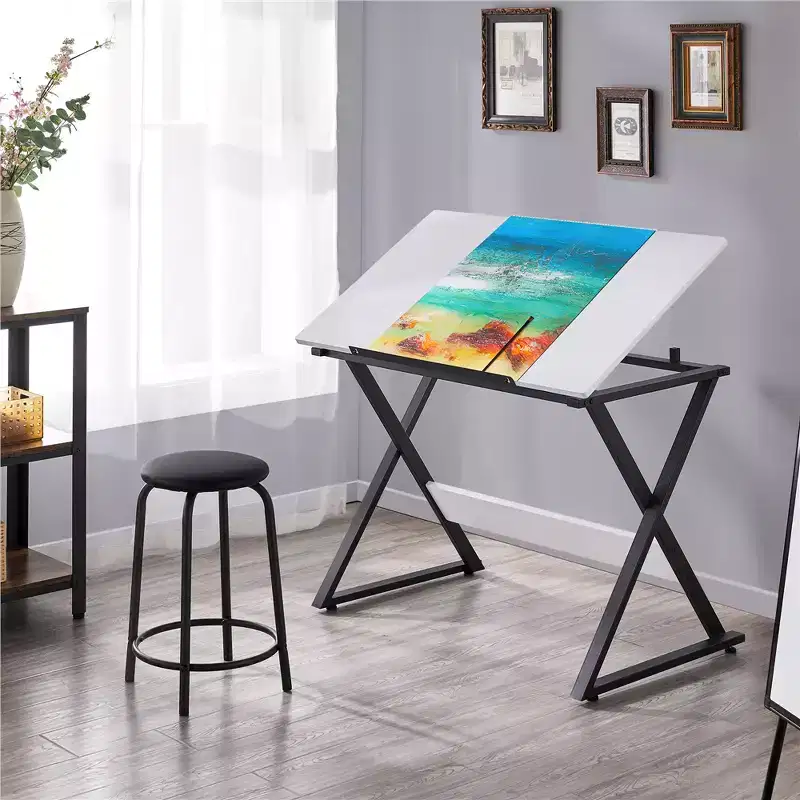 Drafting Table with Adjustable Tilt Top & Sliding Pencil Ledge, Steel Frame, White, 41.7