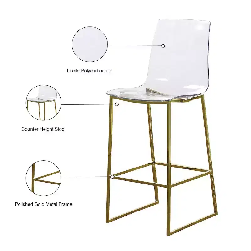Meridian Furniture,Lumen Gold Metal/Lucite Polycarbonate Stool