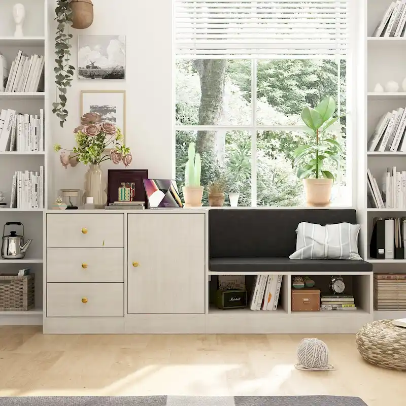 Shoe Storage Bench with Cushioned Seat and Adjustable Shelves