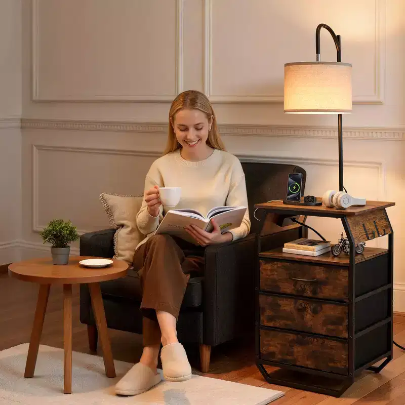 Brown & Black Floor Lamp with Side Table — 3 Drawers, USB Charging, 1-Person