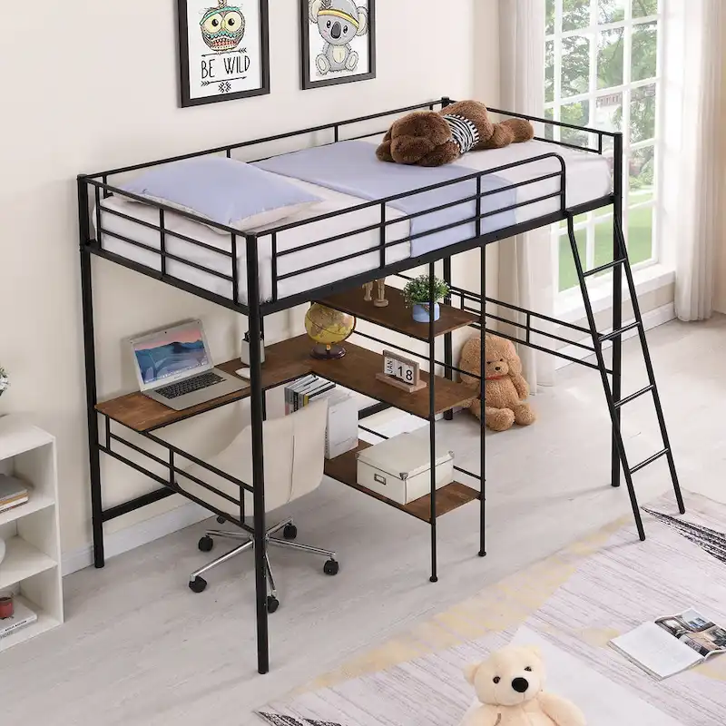 Black Twin Size Metal Loft Bed and Built-in Desk and Shelves for Kids, Boys and Girls