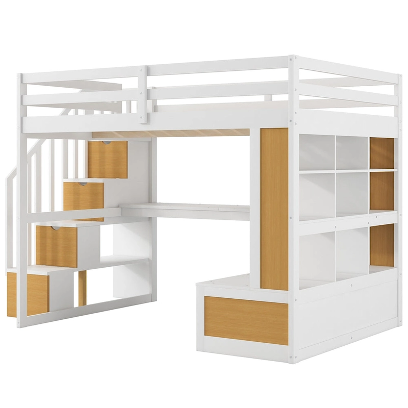 Natural+White Full Solid Wood Loft Bed with Desk & Drawers