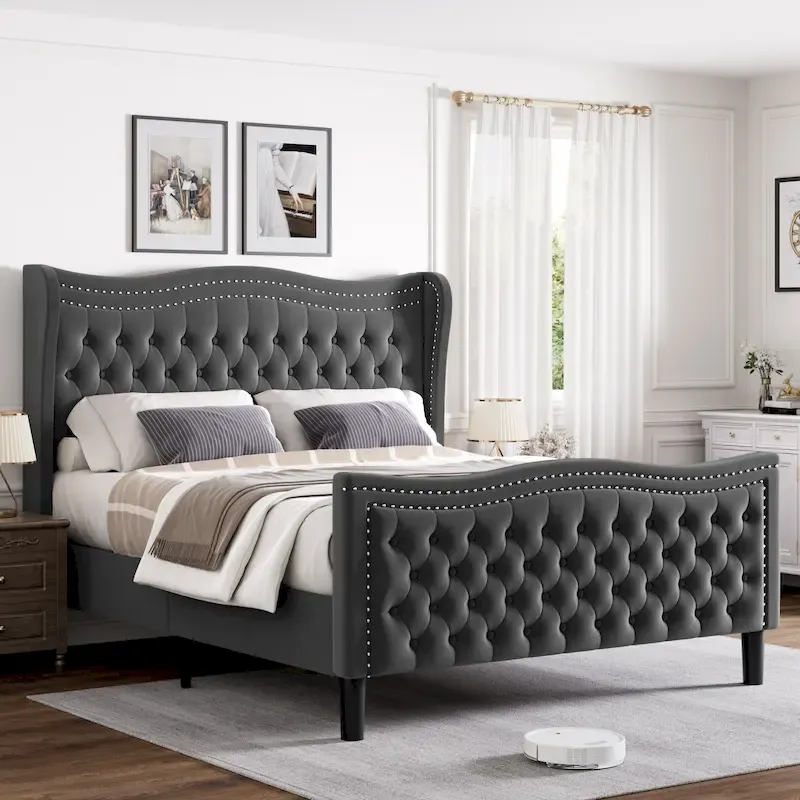 King Size Modern Velvet Platform Bed with Upholstered Headboard