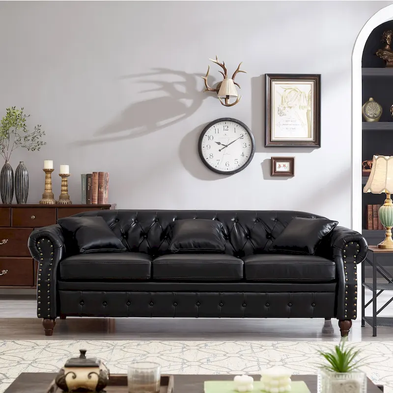 85.8 Technical Leather 3-Seater Sofa with Tufted Backrest & Storage