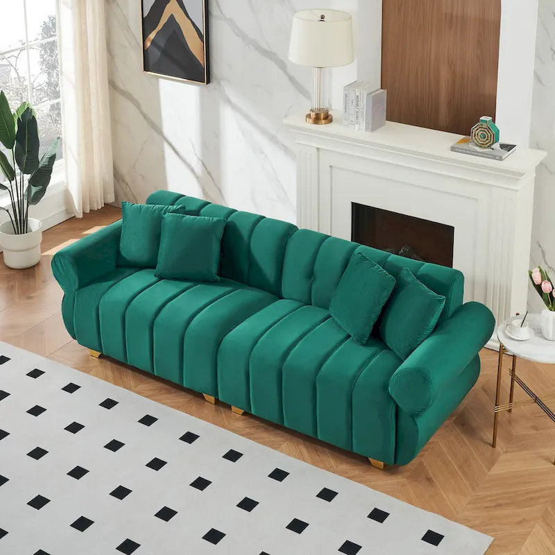 Green Velvet 3-seater Sofa with Spring-Wrapped Cushions