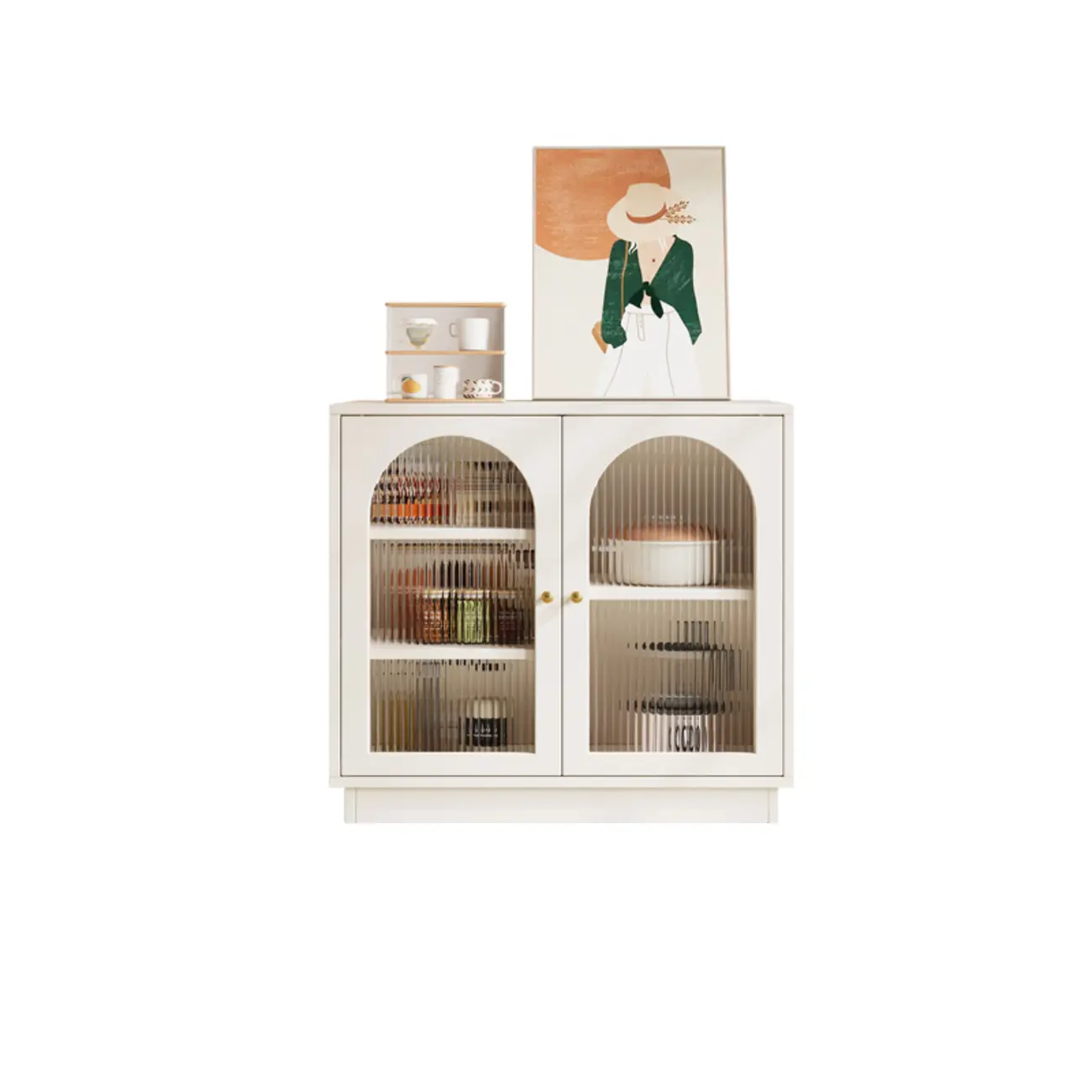 Elegant Adjustable Arched Glass Wood Buffet Cabinet with 3 Drawers