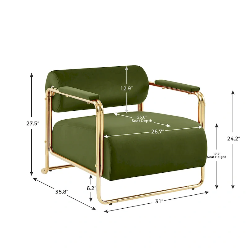 VANOMi 31 Wide Futuristic Velvet Armchair With Glossy Gold Frame Cylindrical Backrest