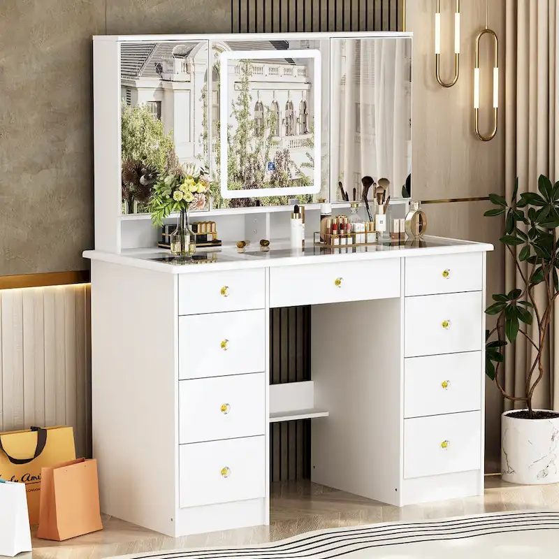 Vanity Desk with Lights, Makeup Vanity with Lights 3 Colors,9 Drawers - 53.9H