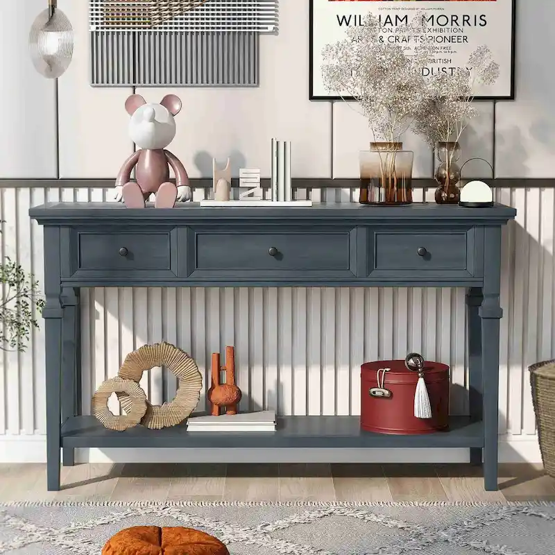 50L Classic Retro Style Console Table with Three Top Drawers and Open Style Bottom Shelf (Gray Wash)